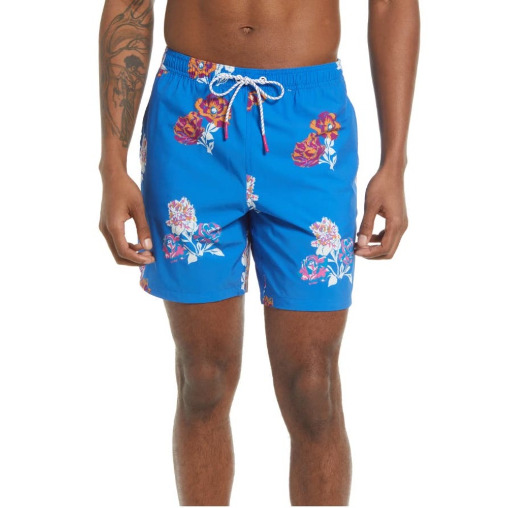 Bonobos Riviera Floral Print Recycled E-Waist Swim Trunks Blue